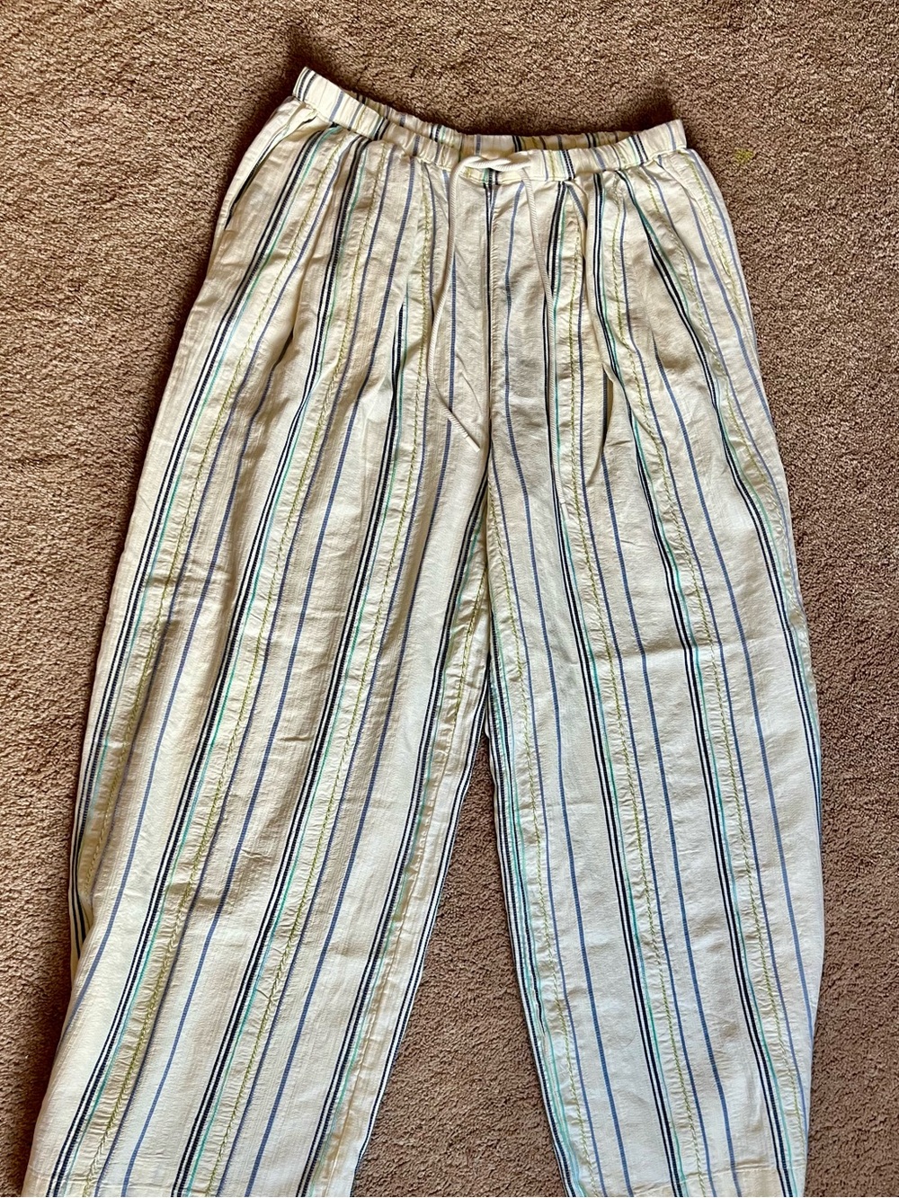 CALIA by Carrie Underwood Cream Striped Lounge Pants with Blue & Green Lines